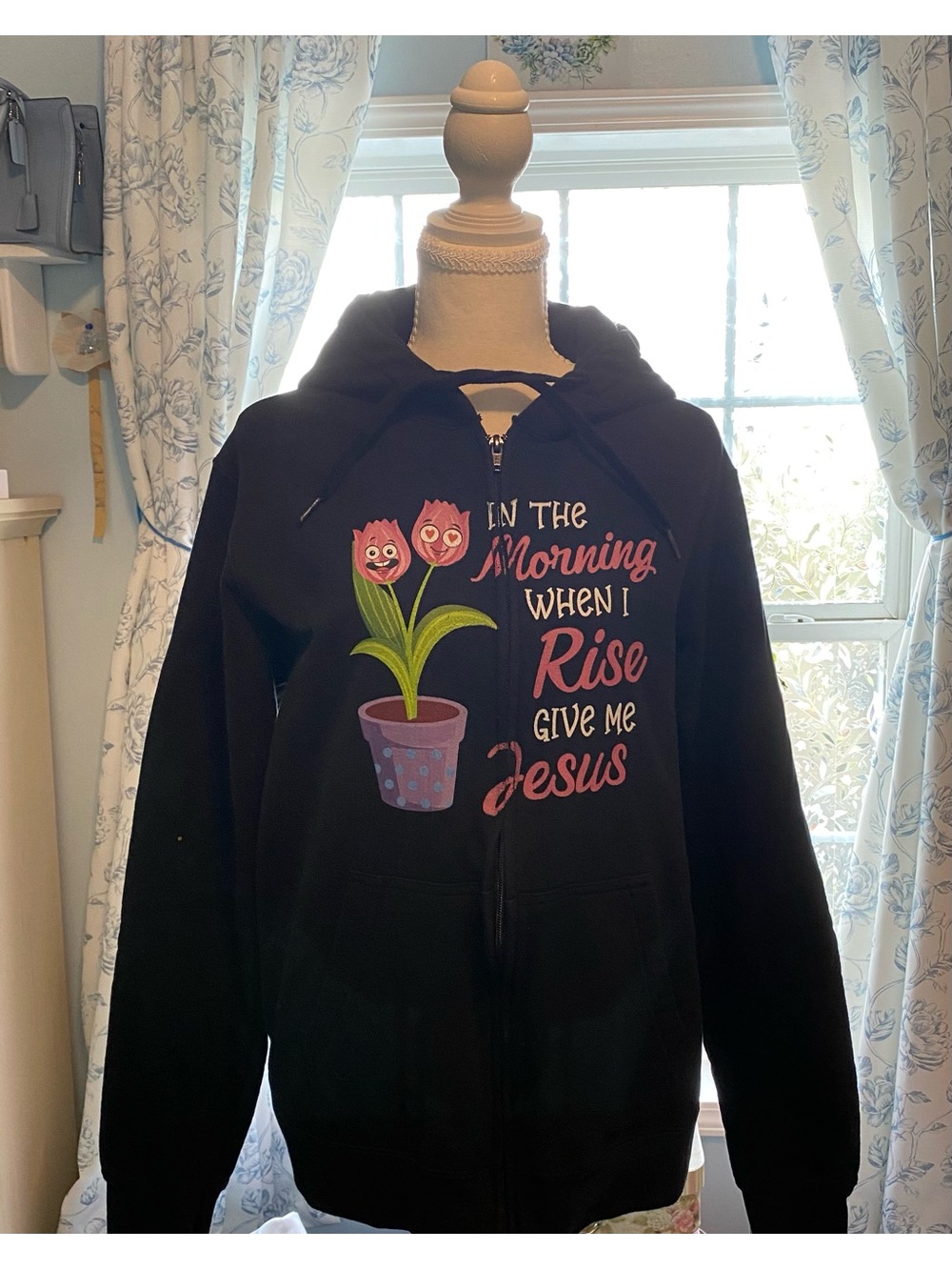 Port and Company Black Zip-Up Hoodie with Pink Floral Graphic